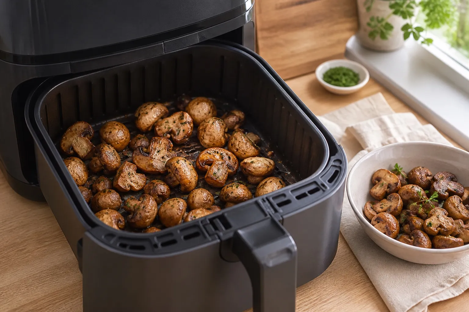 Browned cremini mushroom halves in an open air-fryer basket with a serving bowl nearby