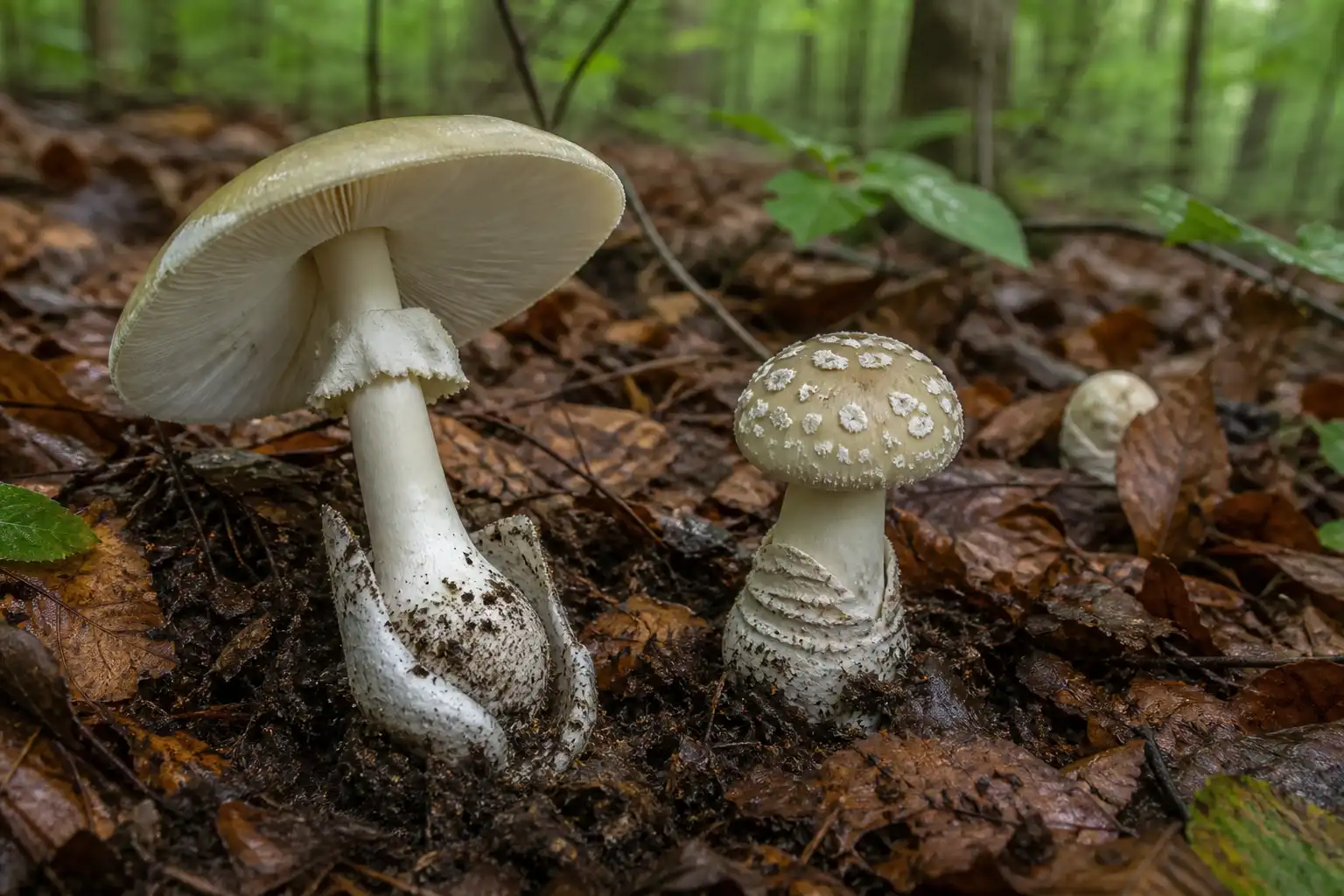 AI editorial illustration of varied Amanita-like mushrooms showing white gills, a skirt ring, cap patches, and two forms of basal veil remnants