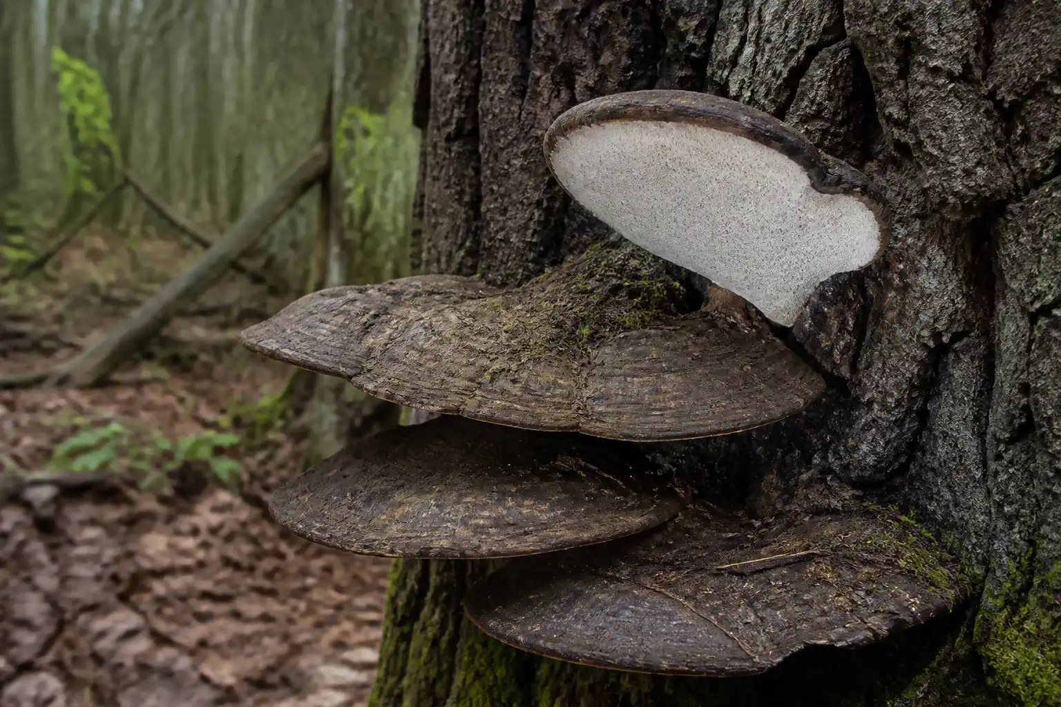 Dull brown artist's conk brackets on a hardwood trunk, with one bracket showing its pale pore surface