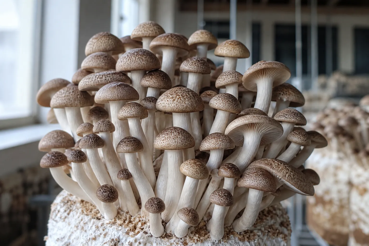 Dense cultivated cluster of brown beech mushrooms with pale stems fruiting from a sawdust block