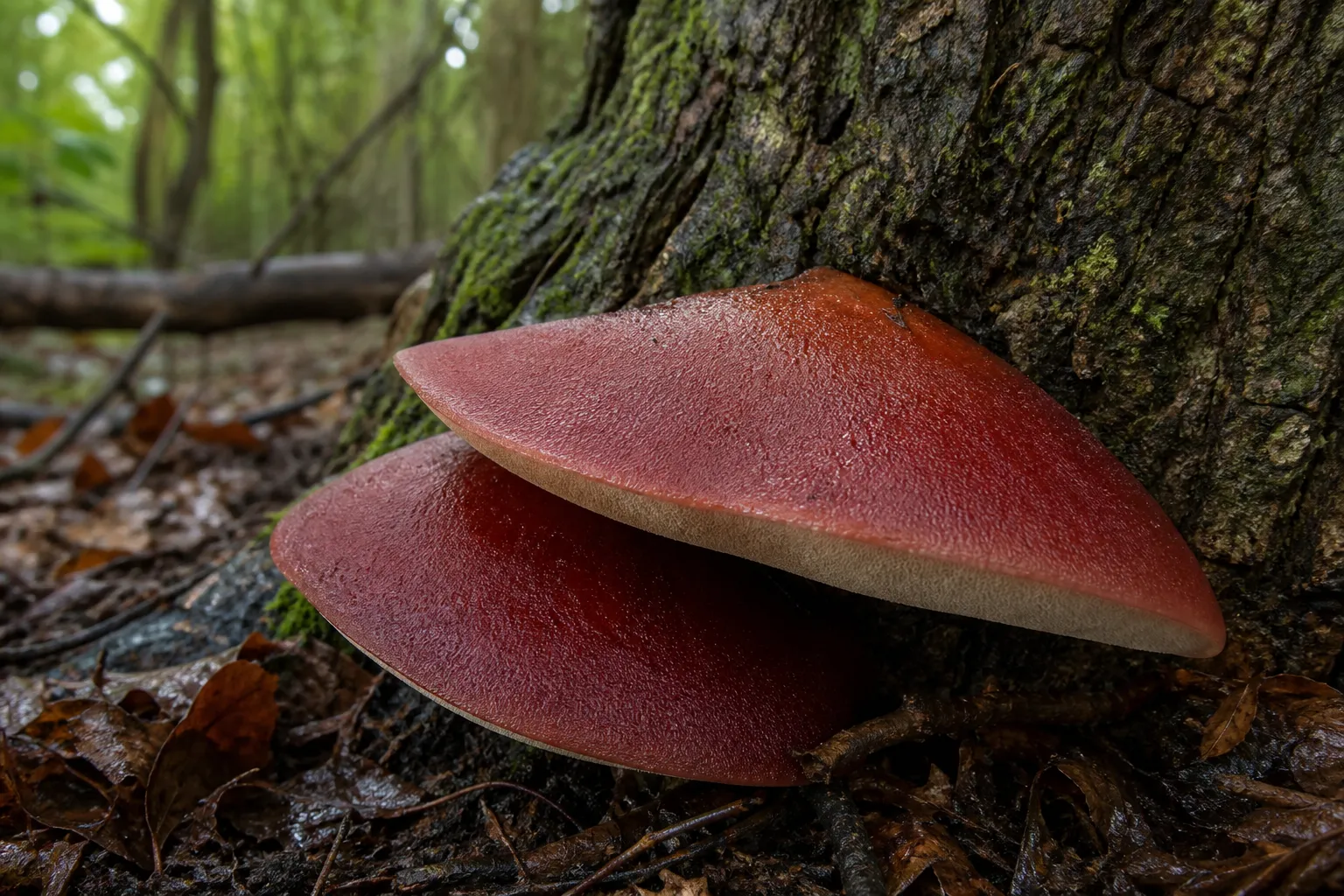 AI editorial image of two red tongue-shaped beefsteak fungus brackets attached to an old oak trunk