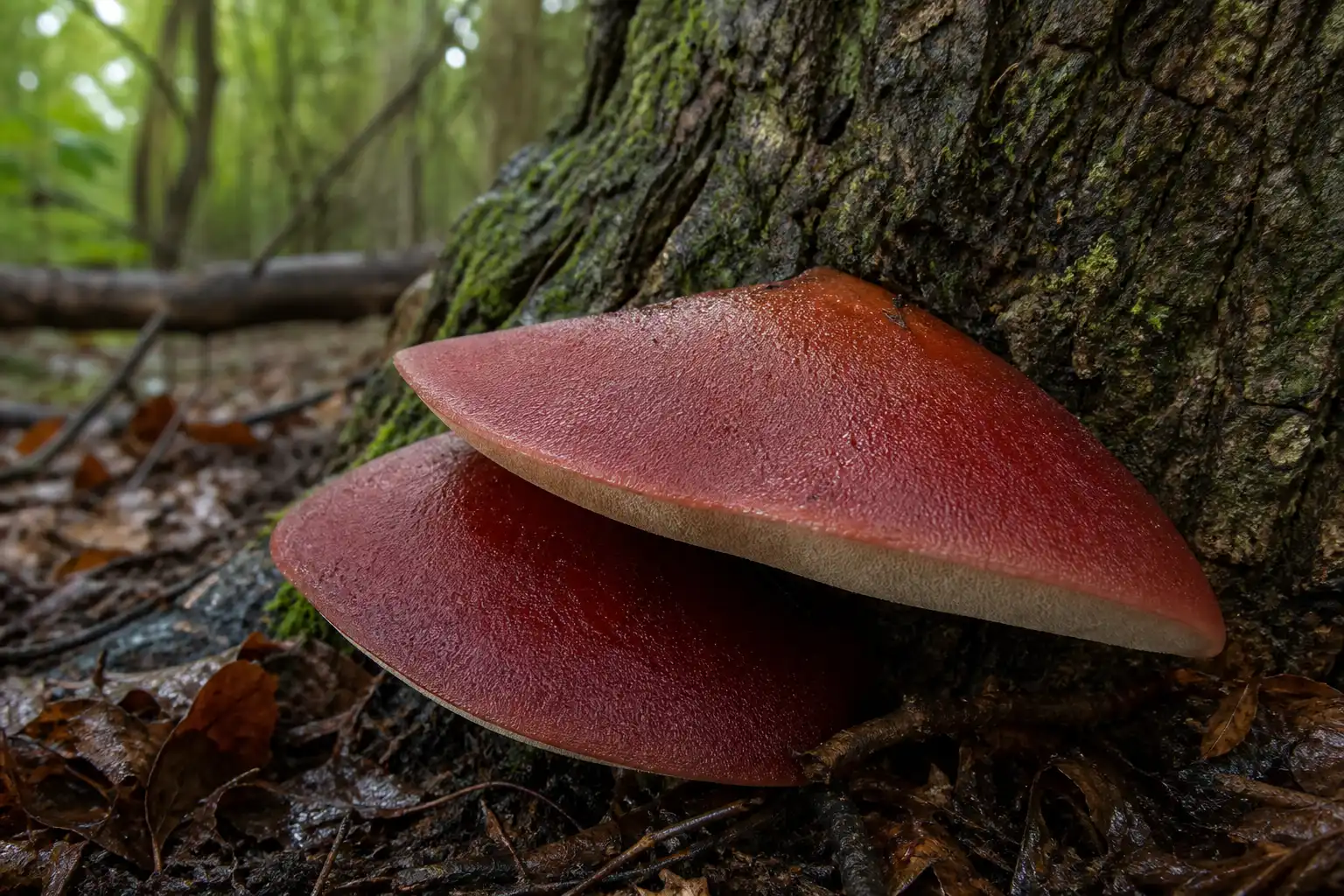 AI editorial image of two red tongue-shaped beefsteak fungus brackets attached to an old oak trunk