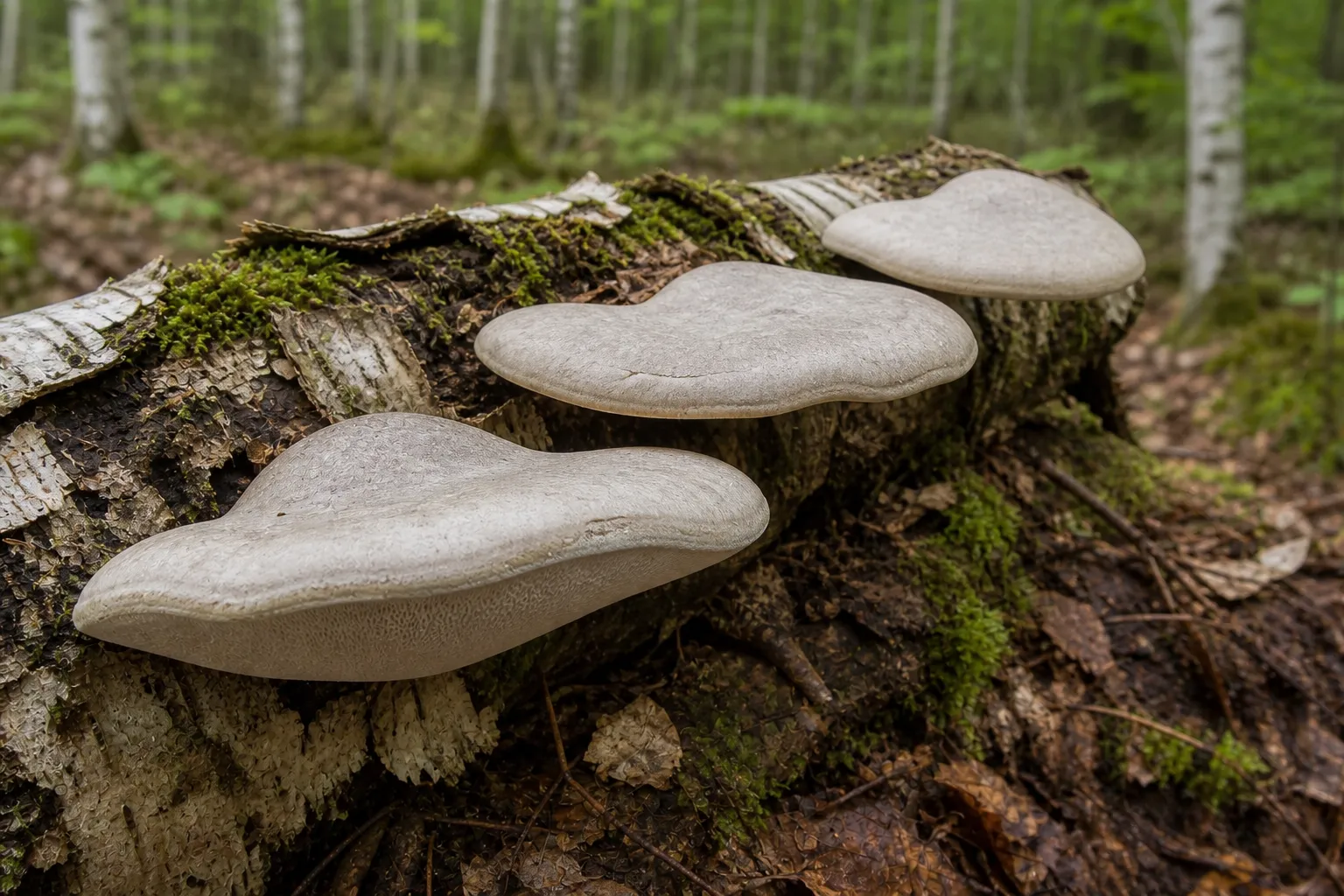 Three pale Birch polypore brackets with one fine white pore surface visible on a fallen birch log