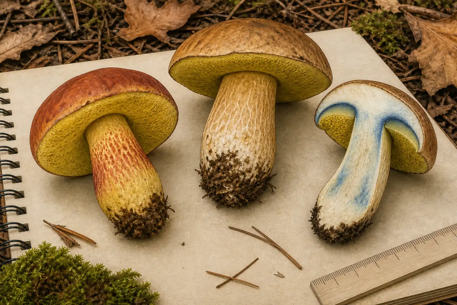 Three pore-bearing bolete-like specimens documented beside a ruler, including a cut specimen showing blue staining