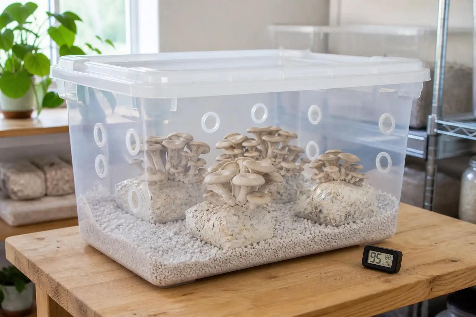 Clear tote fruiting chamber with filtered air holes, moist perlite, oyster mushroom blocks, and a hygrometer