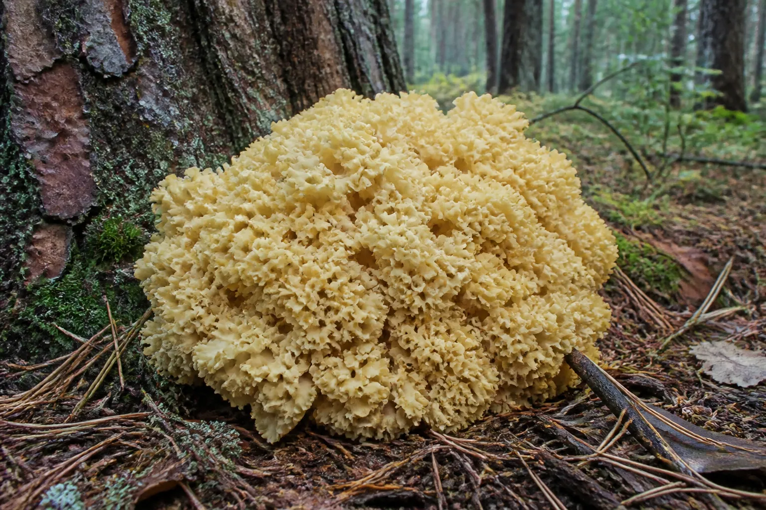 Pale cauliflower fungus with tightly curled branches at the base of a conifer