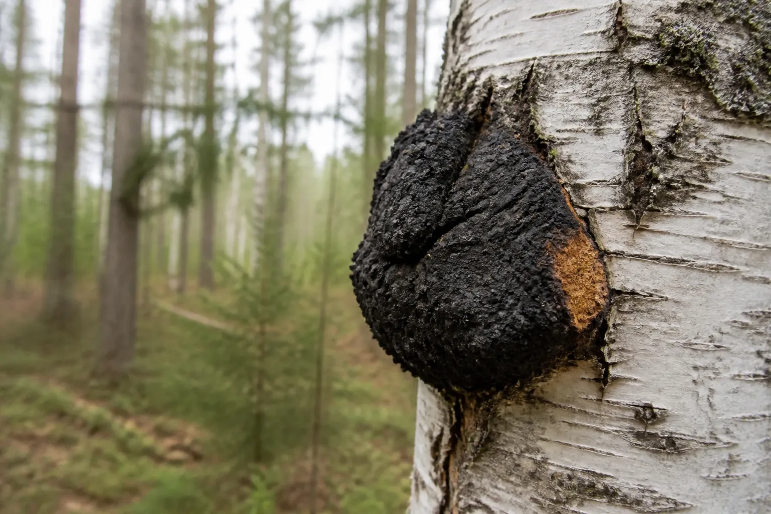 An irregular black Chaga conk with a rusty exposed inner edge growing on a living white birch trunk