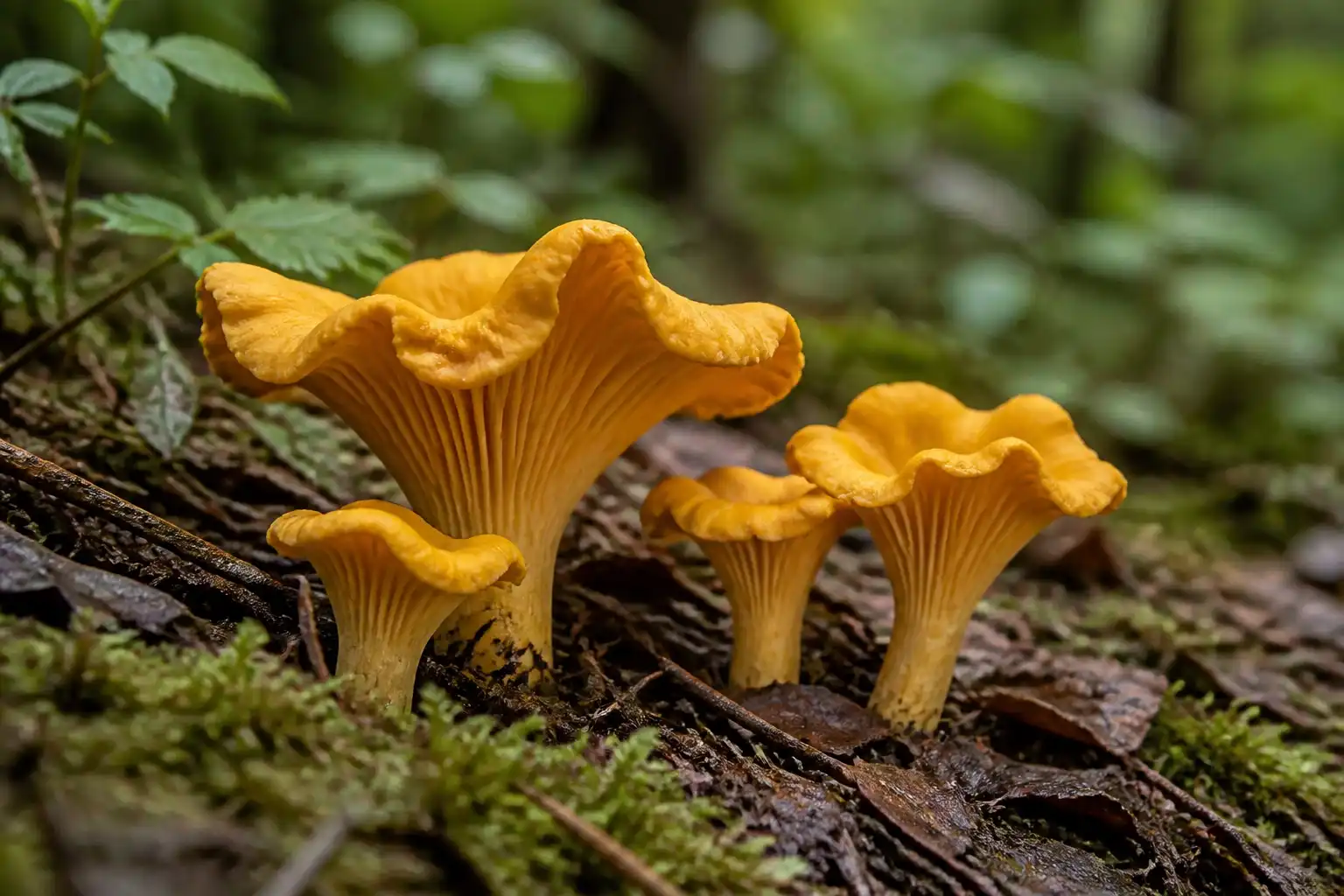 Golden chanterelles with wavy caps and blunt decurrent ridges growing among moss and woodland leaf litter