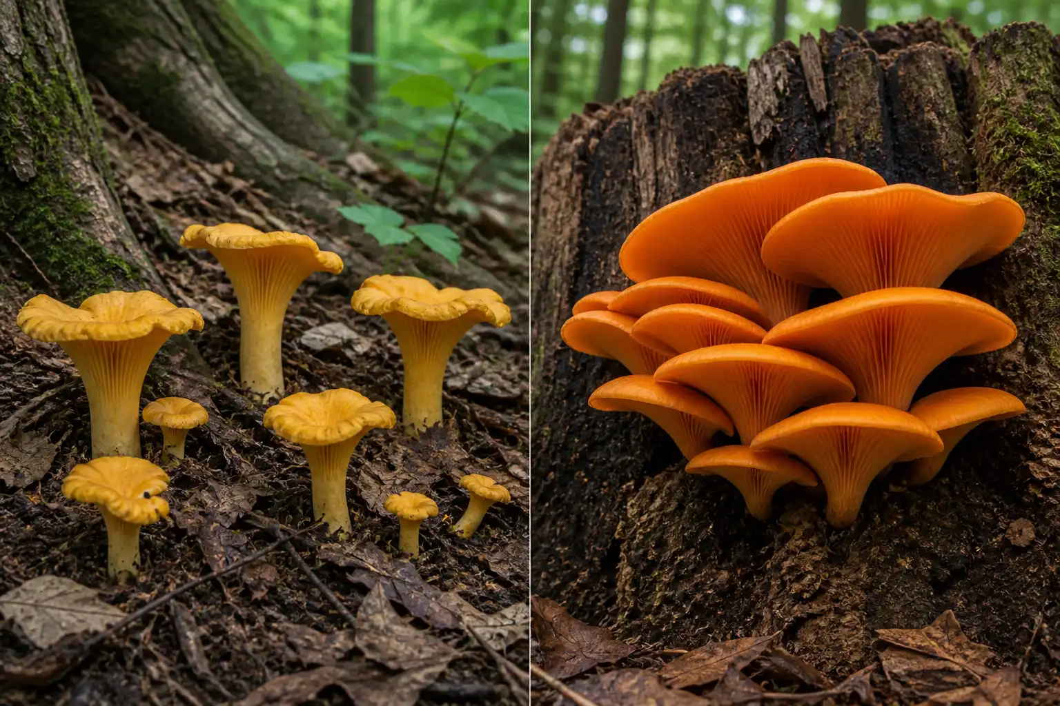 Chanterelles growing separately from forest soil beside a dense jack-o'-lantern cluster attached to a decaying stump