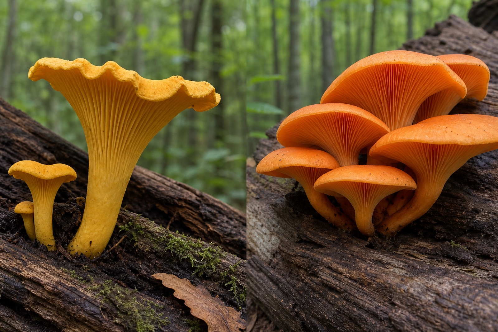 Side-by-side editorial comparison of golden chanterelles and orange jack-o-lantern mushrooms