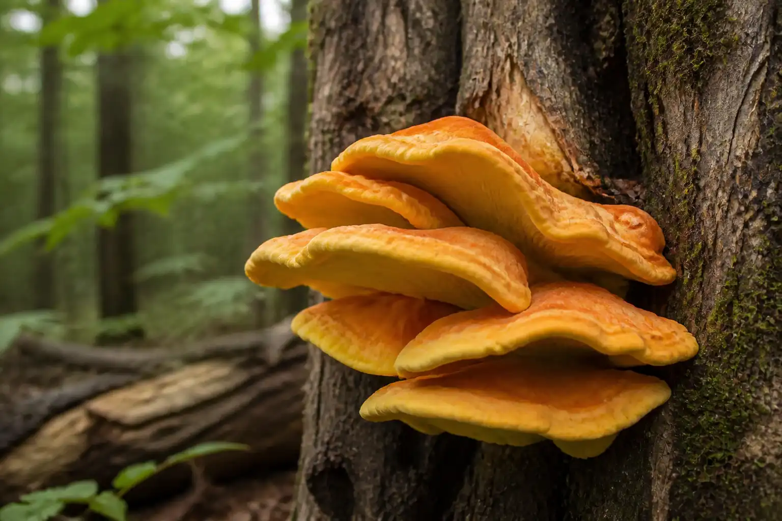 Original AI-generated editorial illustration of layered orange and sulfur-yellow chicken of the woods shelves attached to a hardwood trunk