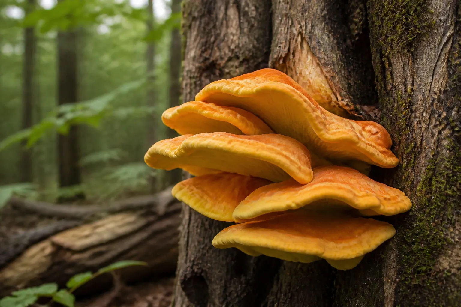 Original AI-generated editorial illustration of layered orange and sulfur-yellow chicken of the woods shelves attached to a hardwood trunk