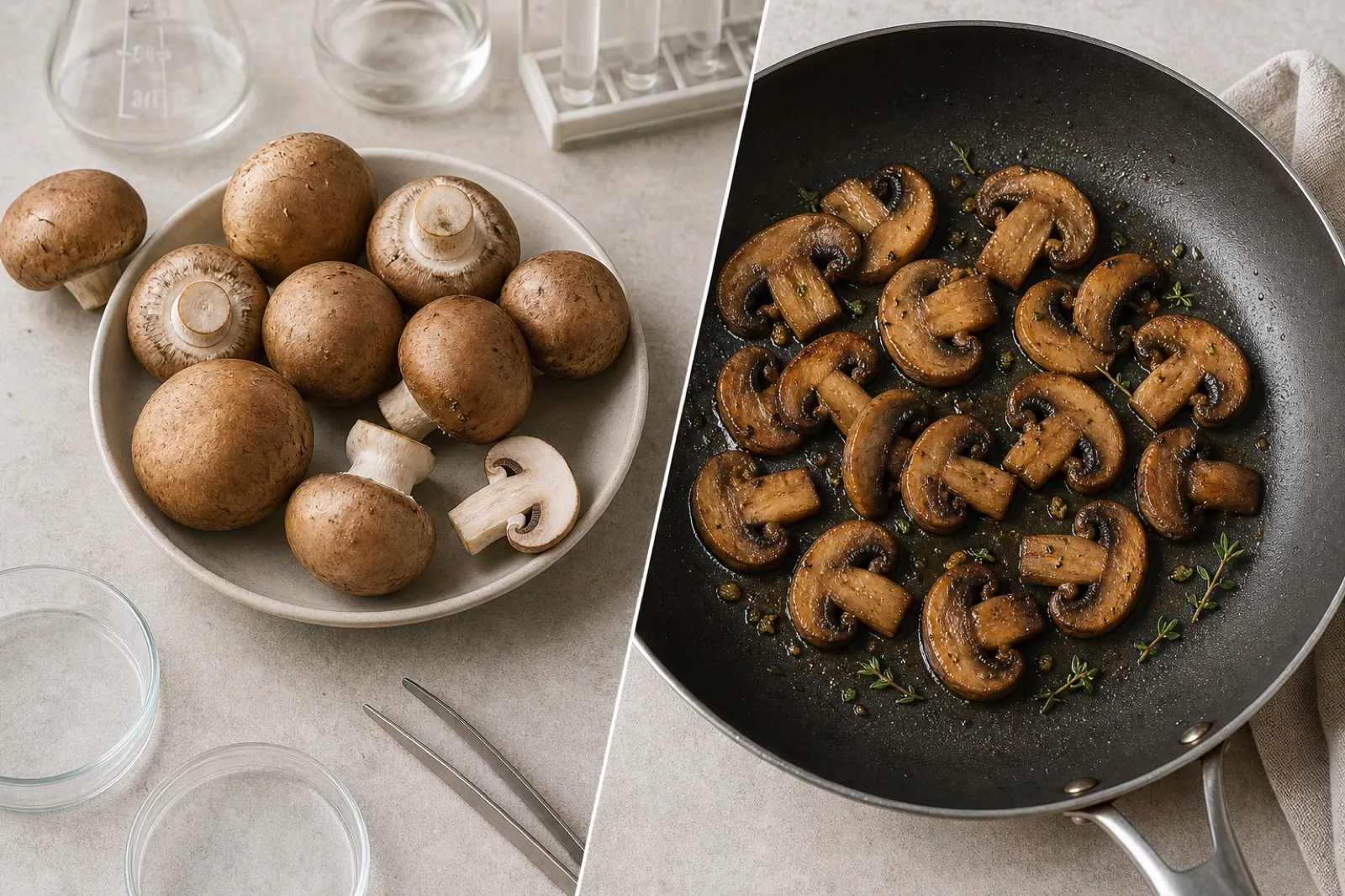 Cultivated mushrooms presented raw and cooked for a food preparation comparison