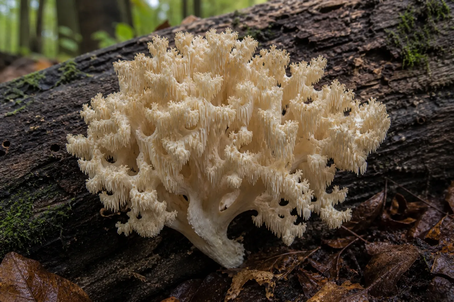 AI editorial image of a branching coral tooth fungus with hanging teeth on a fallen hardwood log