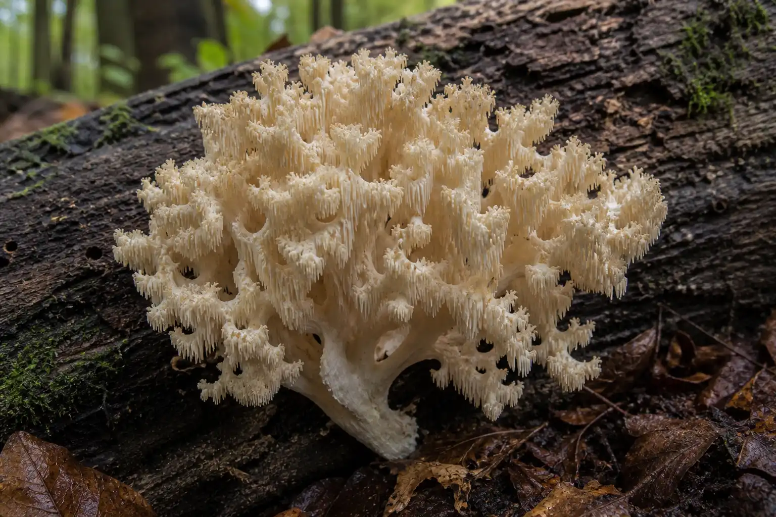 AI editorial image of a branching coral tooth fungus with hanging teeth on a fallen hardwood log