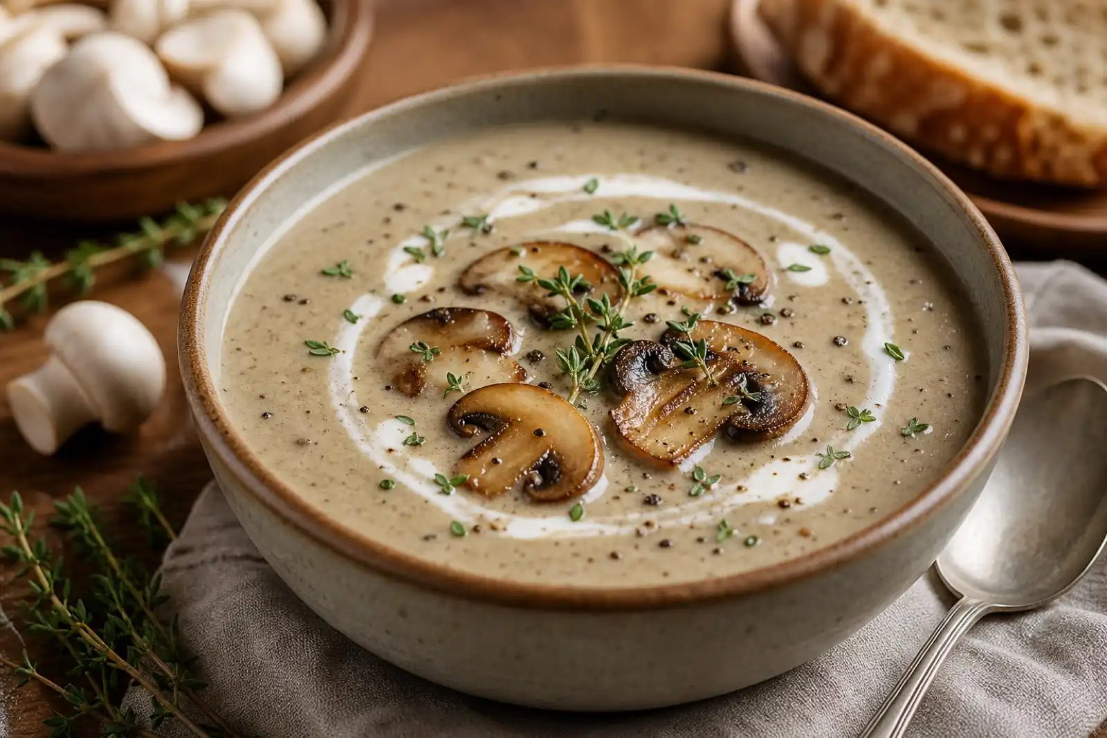 Bowl of creamy mushroom soup garnished with sautéed cultivated mushrooms and thyme