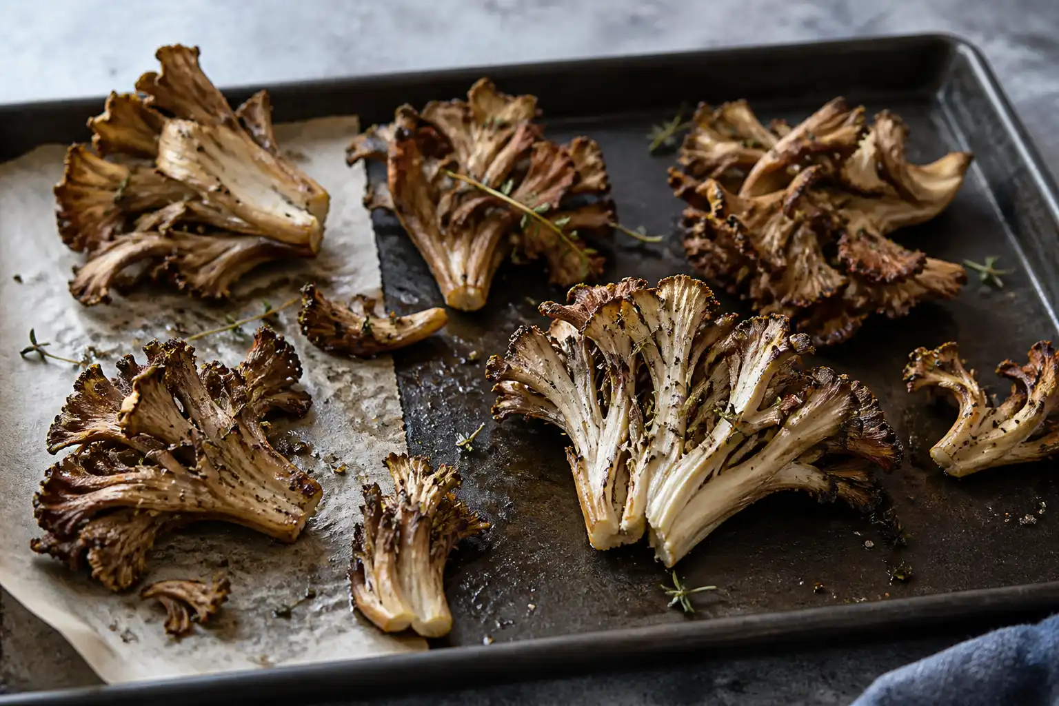 AI editorial illustration of browned maitake clusters with crisp frilled edges on a dark sheet pan