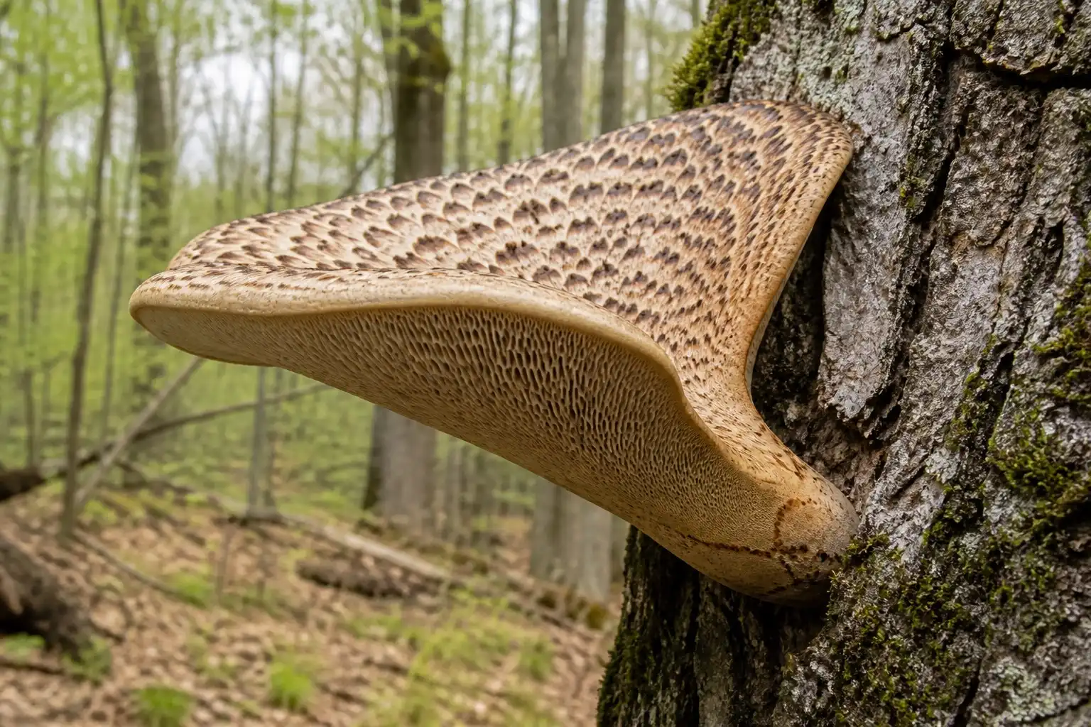 Original editorial illustration showing a scaly tan Dryad's saddle bracket attached laterally to a hardwood trunk, with its pale pore surface visible