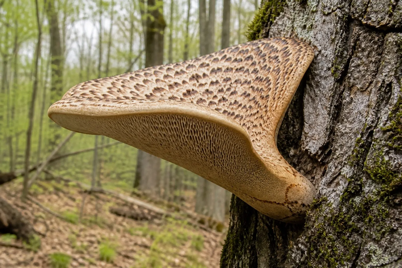 Original editorial illustration showing a scaly tan Dryad's saddle bracket attached laterally to a hardwood trunk, with its pale pore surface visible