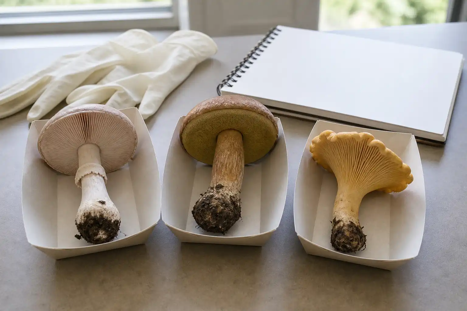 Editorial field layout showing complete mushroom specimens, cross-sections, and blank comparison notes