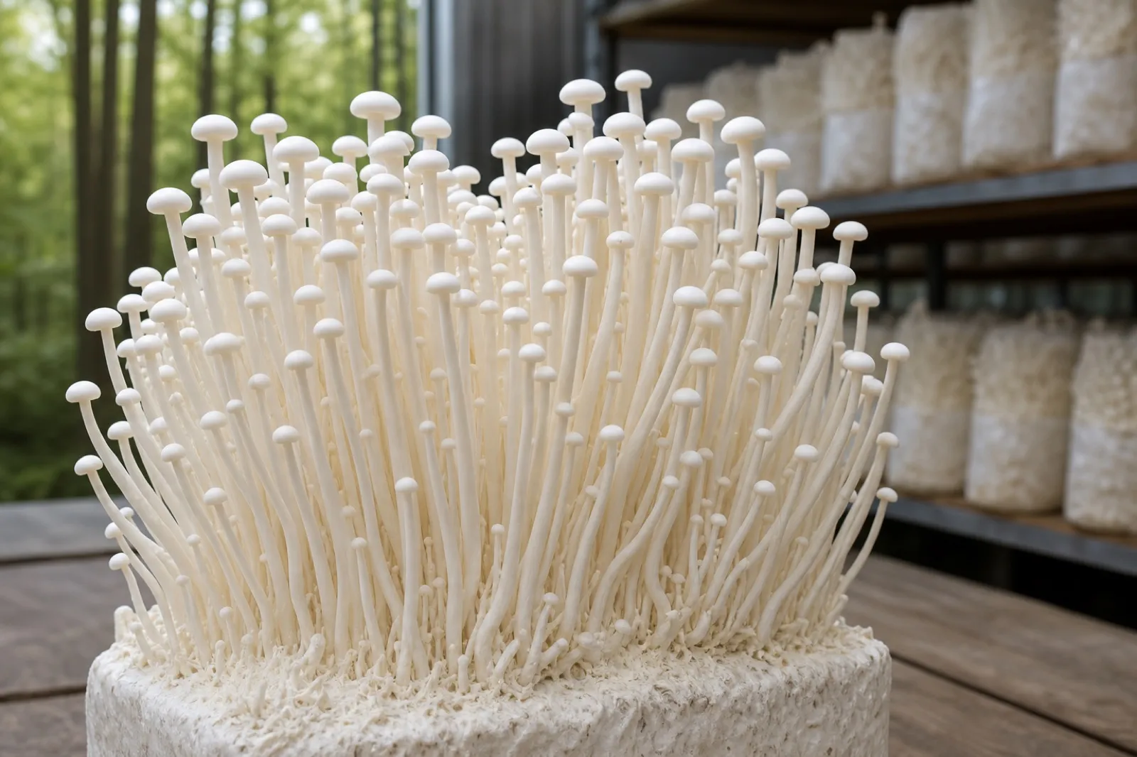 Cultivated enoki mushrooms with slender white stems and small pale caps