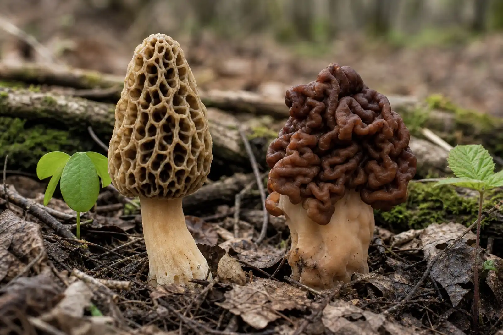 Side-by-side editorial comparison of a true morel and a false morel