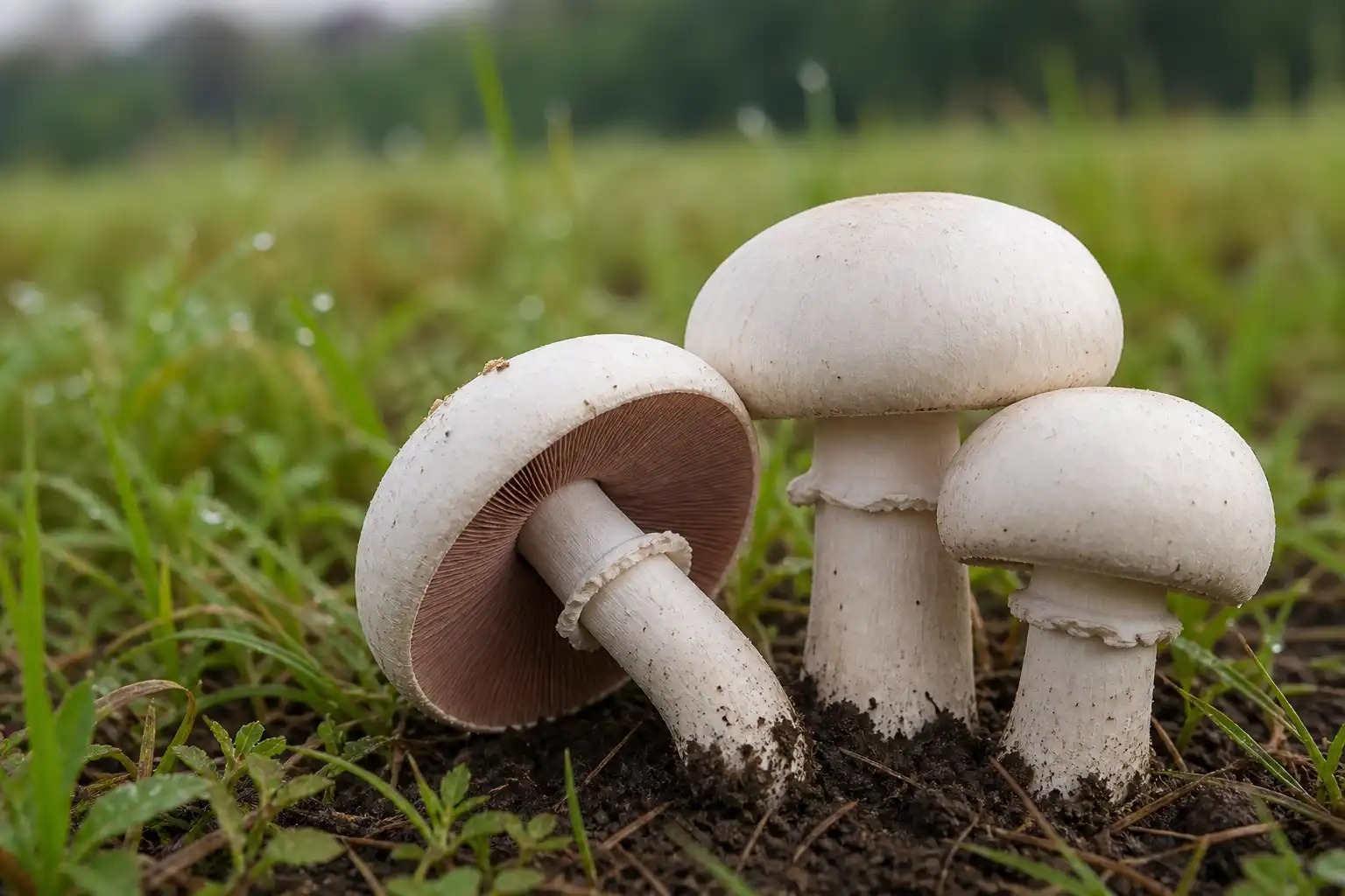 Three pale field-mushroom-like Agaricus growing in damp grass, with pink-brown gills visible on one upturned cap