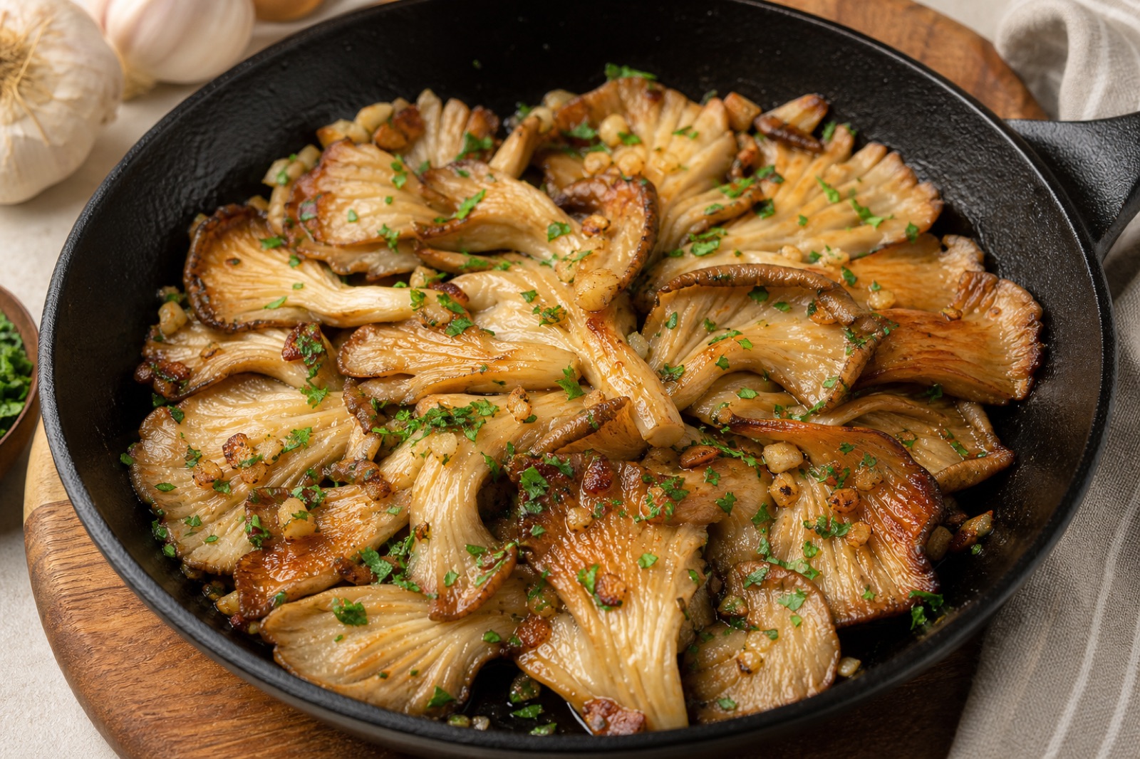 Garlic butter oyster mushrooms browned in a cast-iron skillet