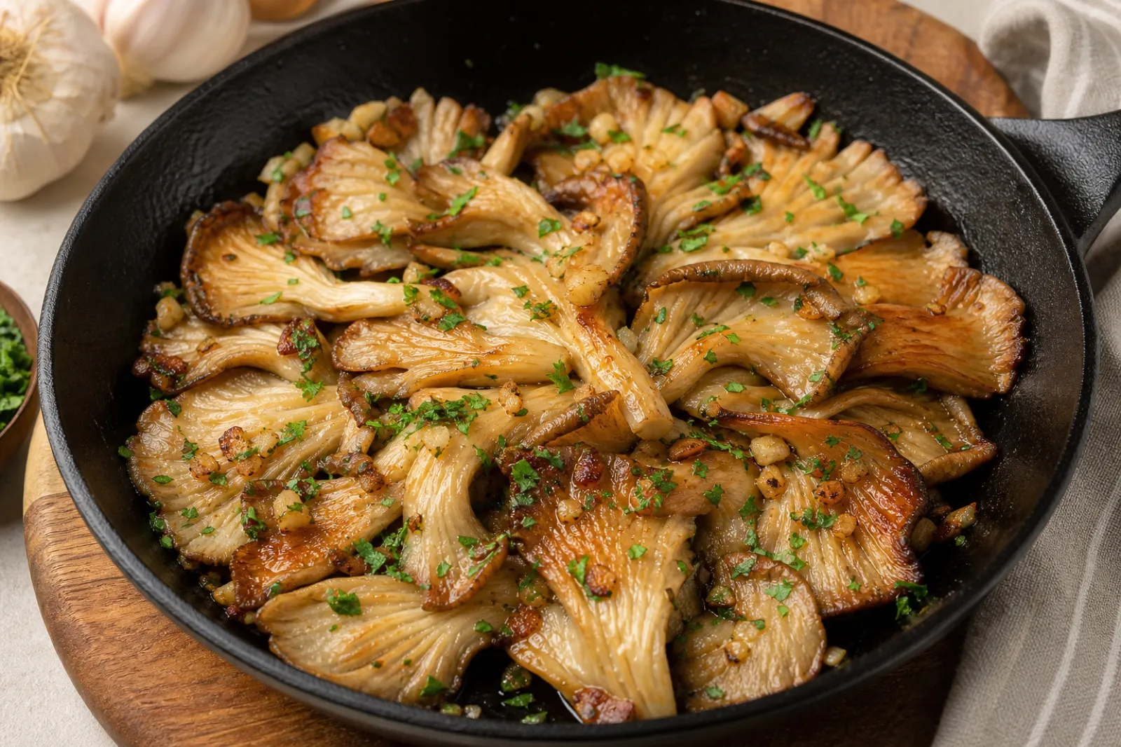 Garlic butter oyster mushrooms browned in a cast-iron skillet