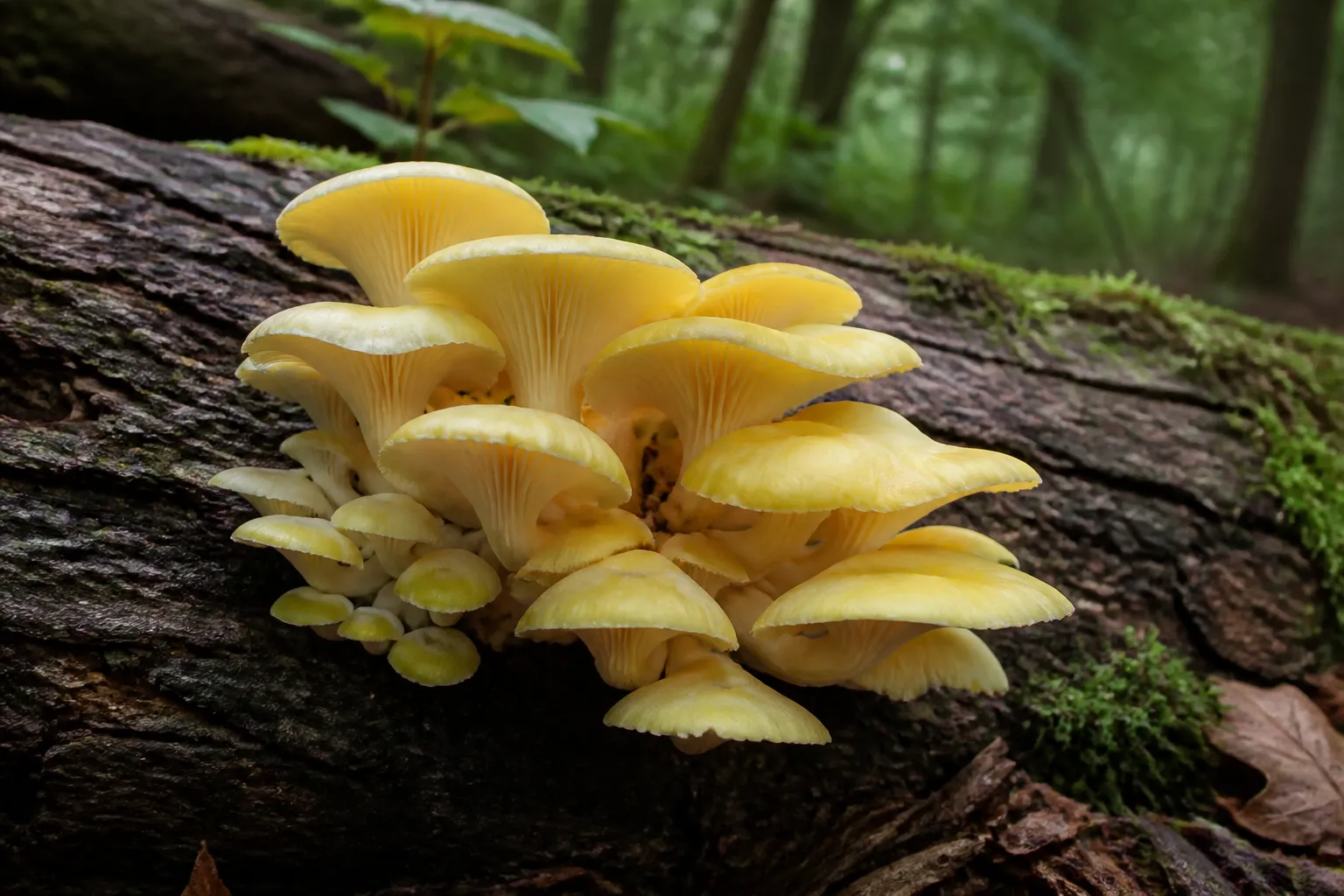 Golden oyster mushrooms with yellow fan-shaped caps and decurrent gills fruiting from a hardwood log