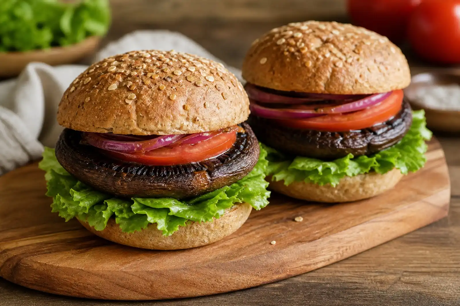 Two grilled portobello mushroom burgers with lettuce, tomato, and red onion