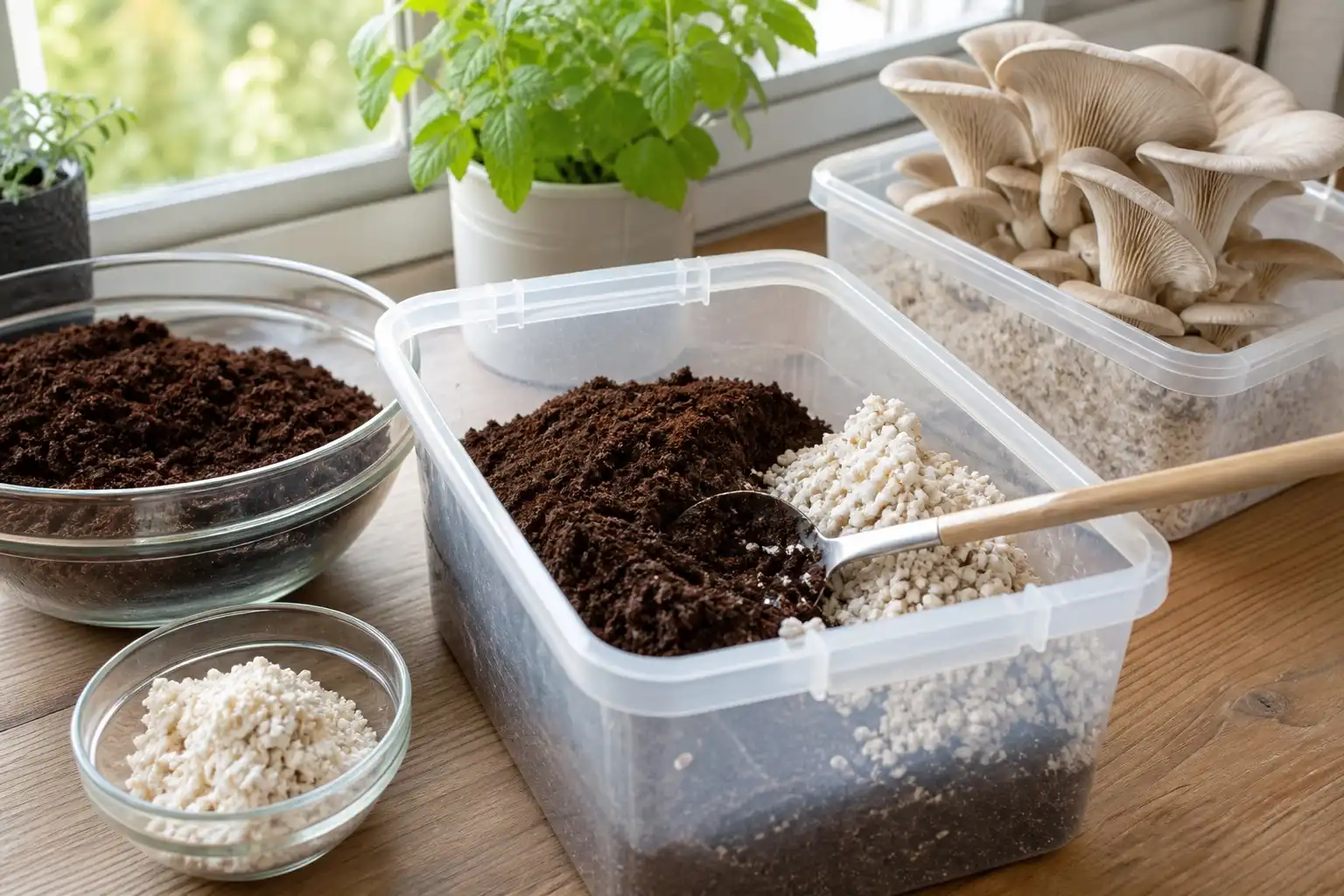Used coffee grounds and mushroom spawn being combined in a clean small-batch growing container