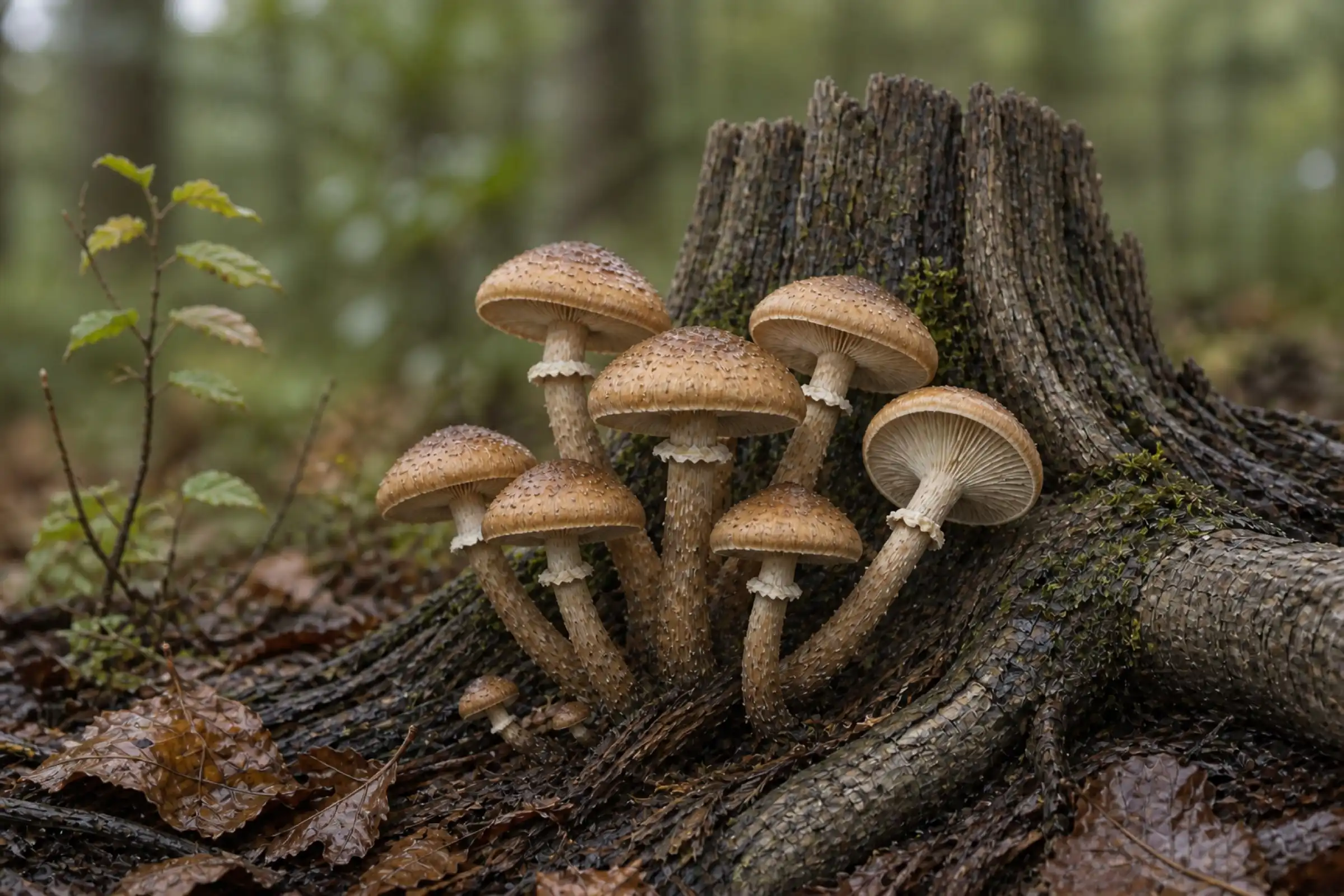 Original AI-generated editorial illustration of honey fungus clustered from a hardwood stump, showing pale gills and ringed stems