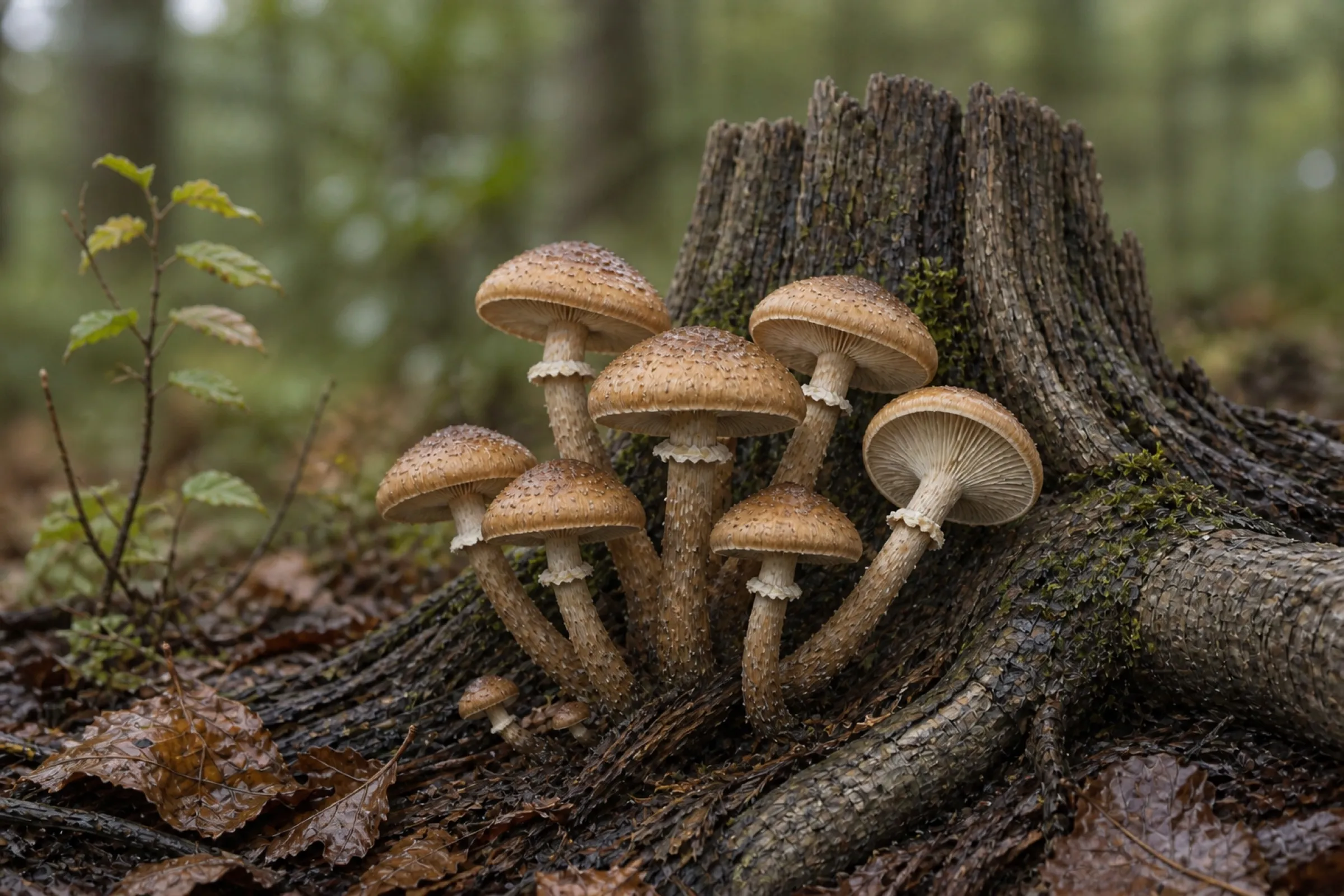 Original AI-generated editorial illustration of honey fungus clustered from a hardwood stump, showing pale gills and ringed stems