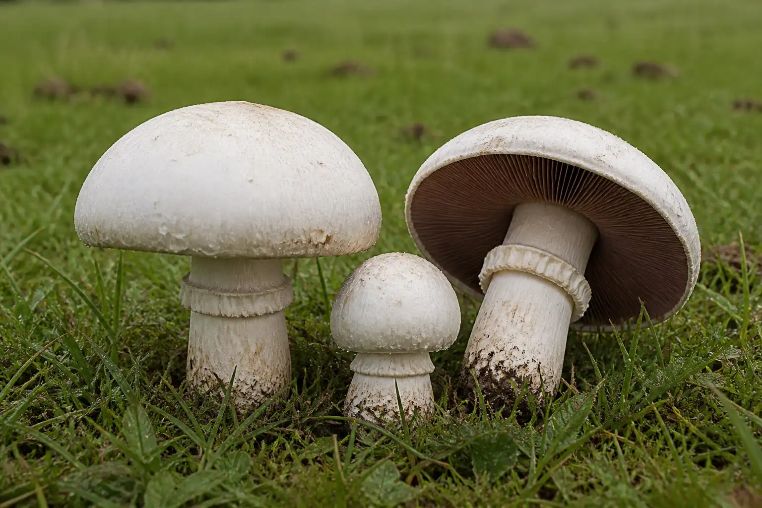 White horse mushrooms in short pasture grass, including an upturned cap with mature brown free gills and a substantial ring