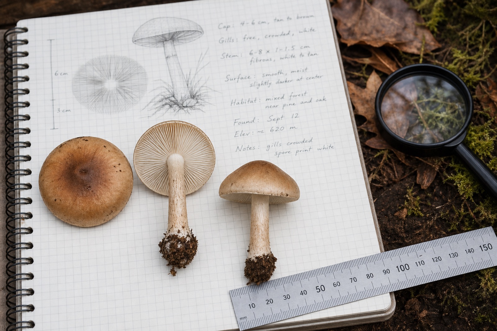 Mushroom specimen documented with cap, gills, stem base, habitat notes, and spore print