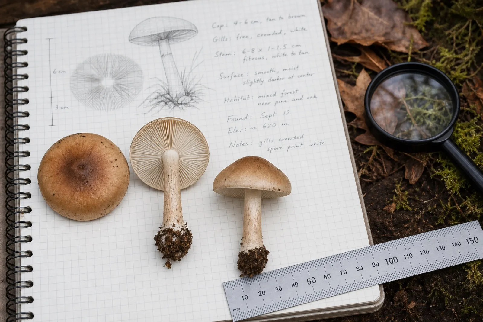 Mushroom specimen documented with cap, gills, stem base, habitat notes, and spore print
