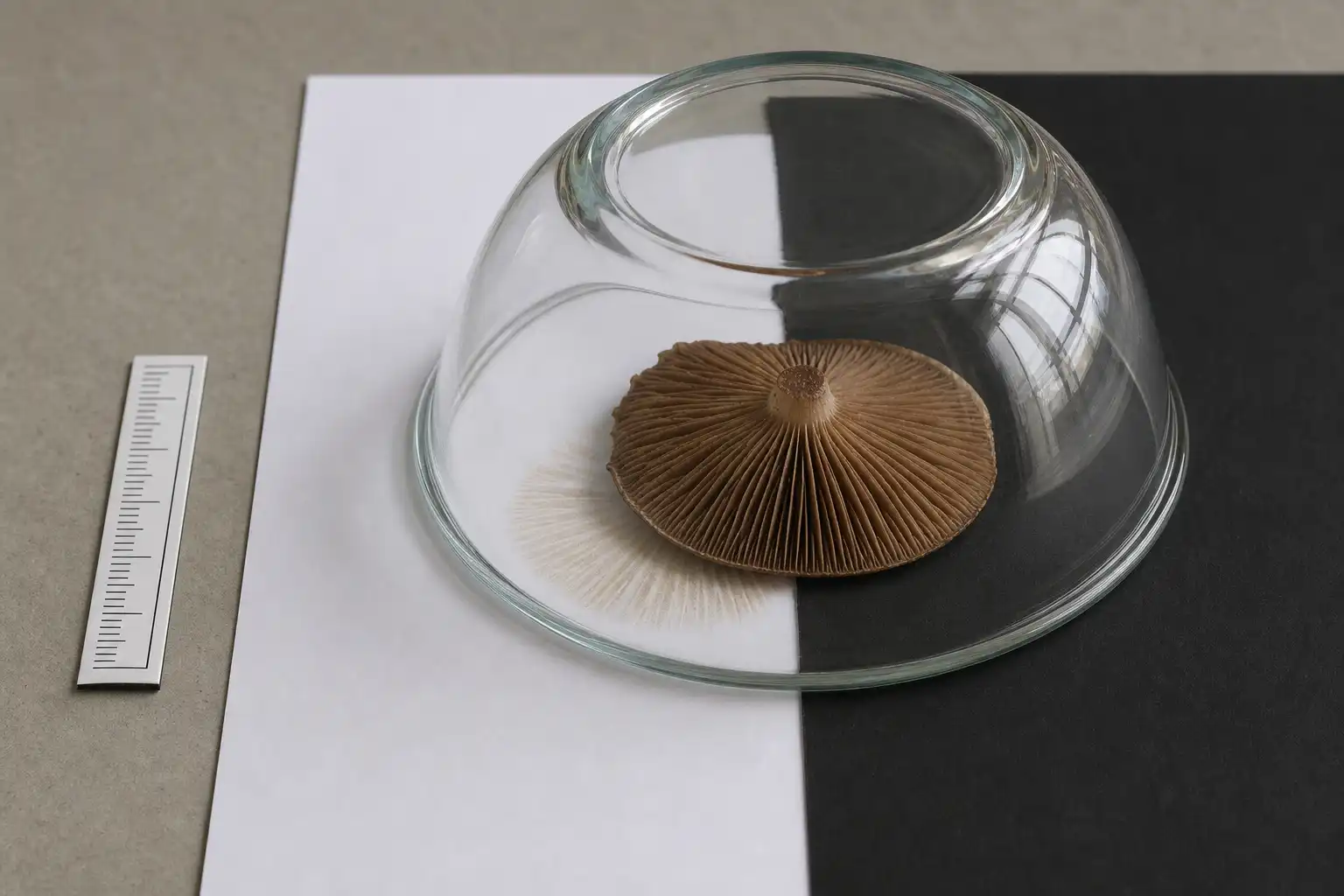A mushroom cap under a clear bowl on adjoining white and black cards, with a pale spore deposit forming beneath it