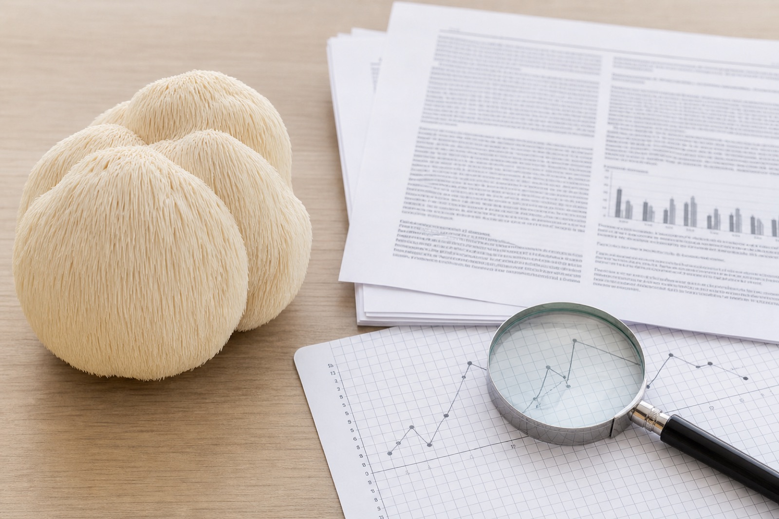 Lion's mane mushroom beside scientific papers for an evidence review