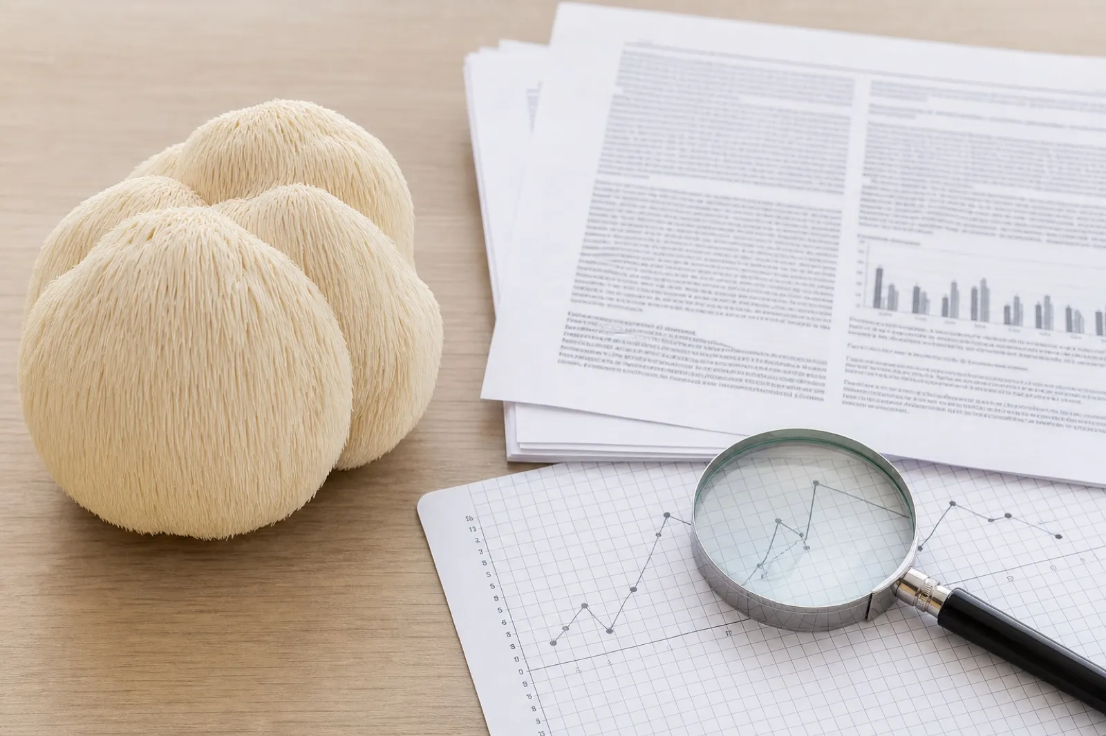 Lion's mane mushroom beside scientific papers for an evidence review