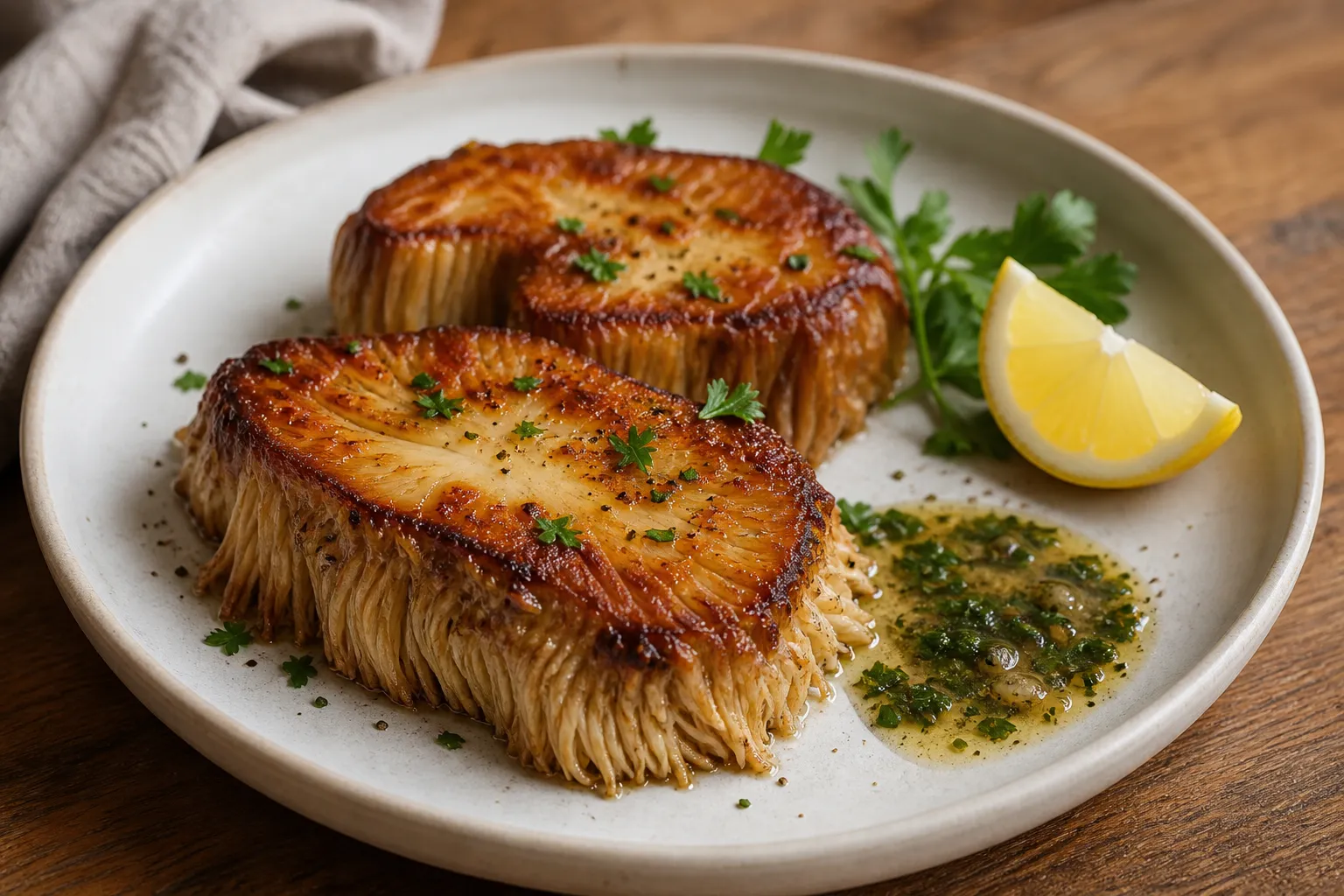 AI editorial illustration of two golden seared lion's mane mushroom steaks with lemon-herb butter