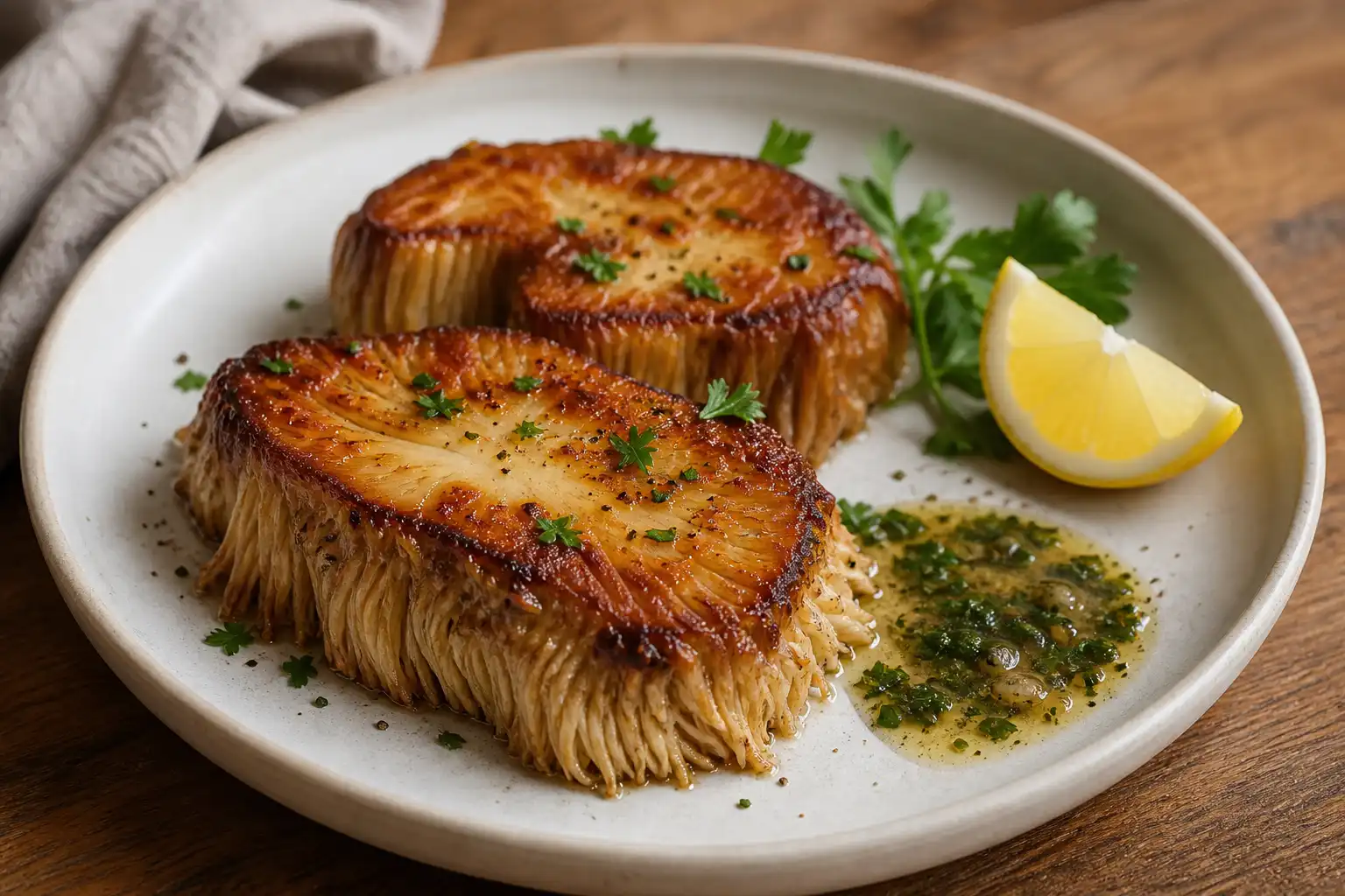 AI editorial illustration of two golden seared lion's mane mushroom steaks with lemon-herb butter