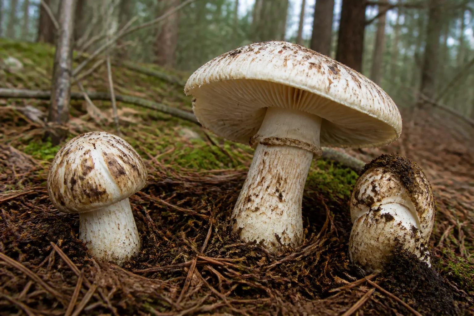 Three matsutake mushrooms at different stages emerging from pine needles on a forest floor