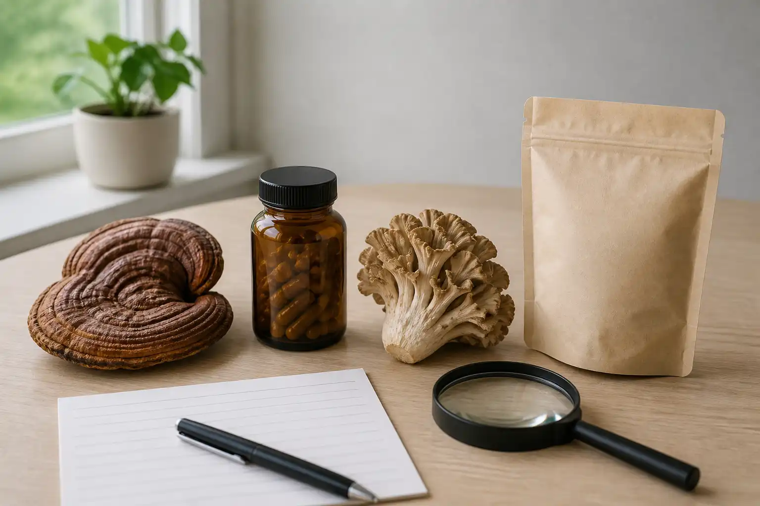 Original evidence-review editorial image for medicinal mushroom safety: products, interactions, and red flags