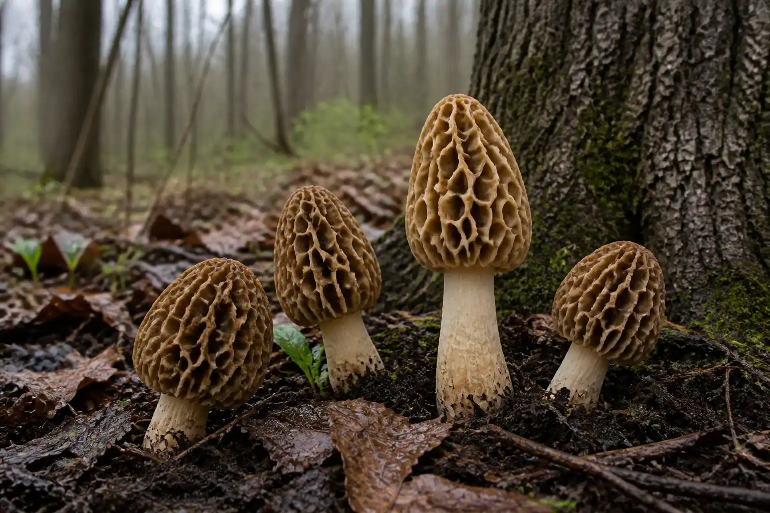 Original AI-generated editorial illustration of several tan true morels with pitted caps attached to pale stems on damp leaf litter in a hardwood forest