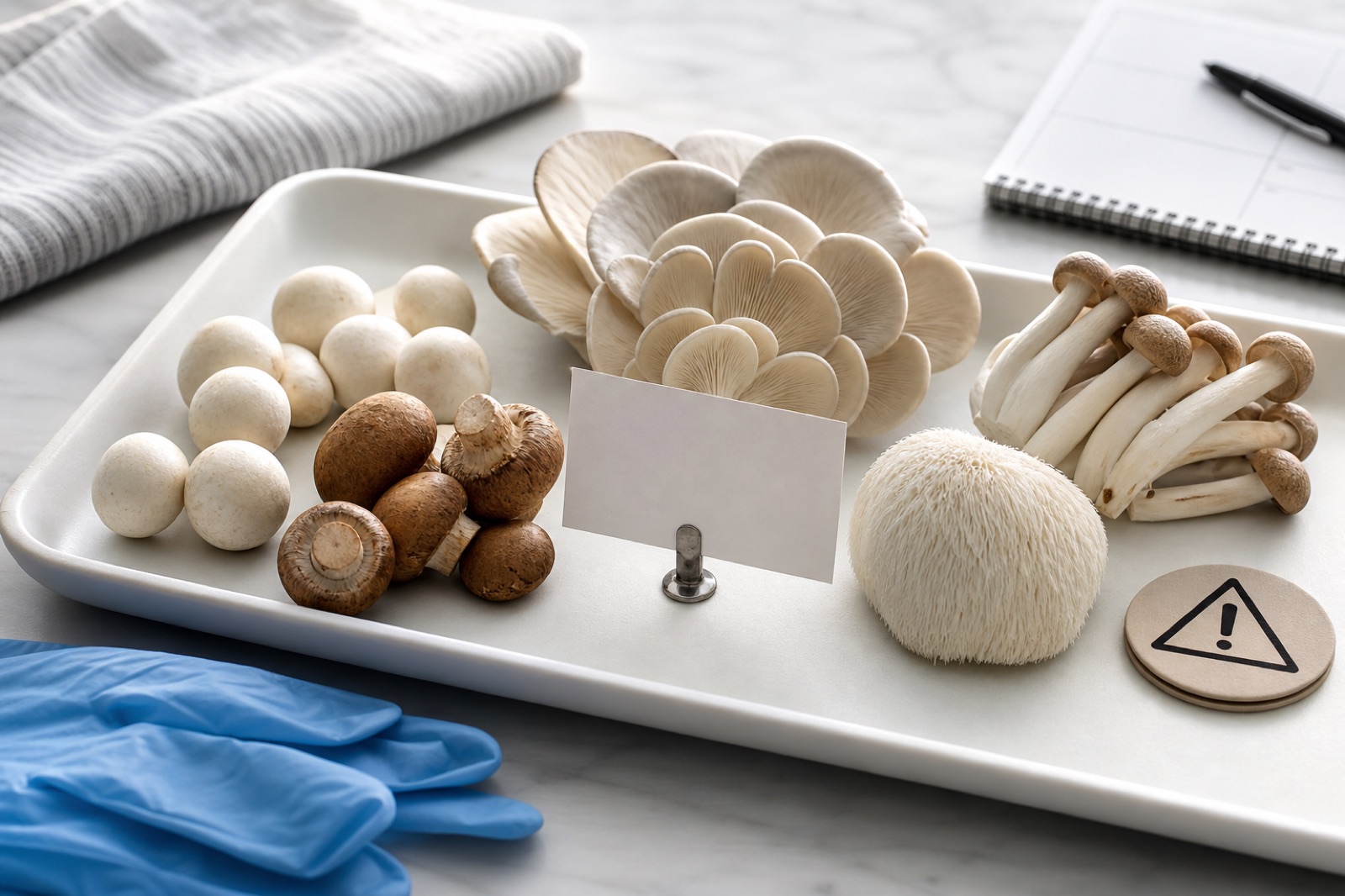 Cultivated mushroom samples on a clinical evaluation tray with gloves and caution symbol