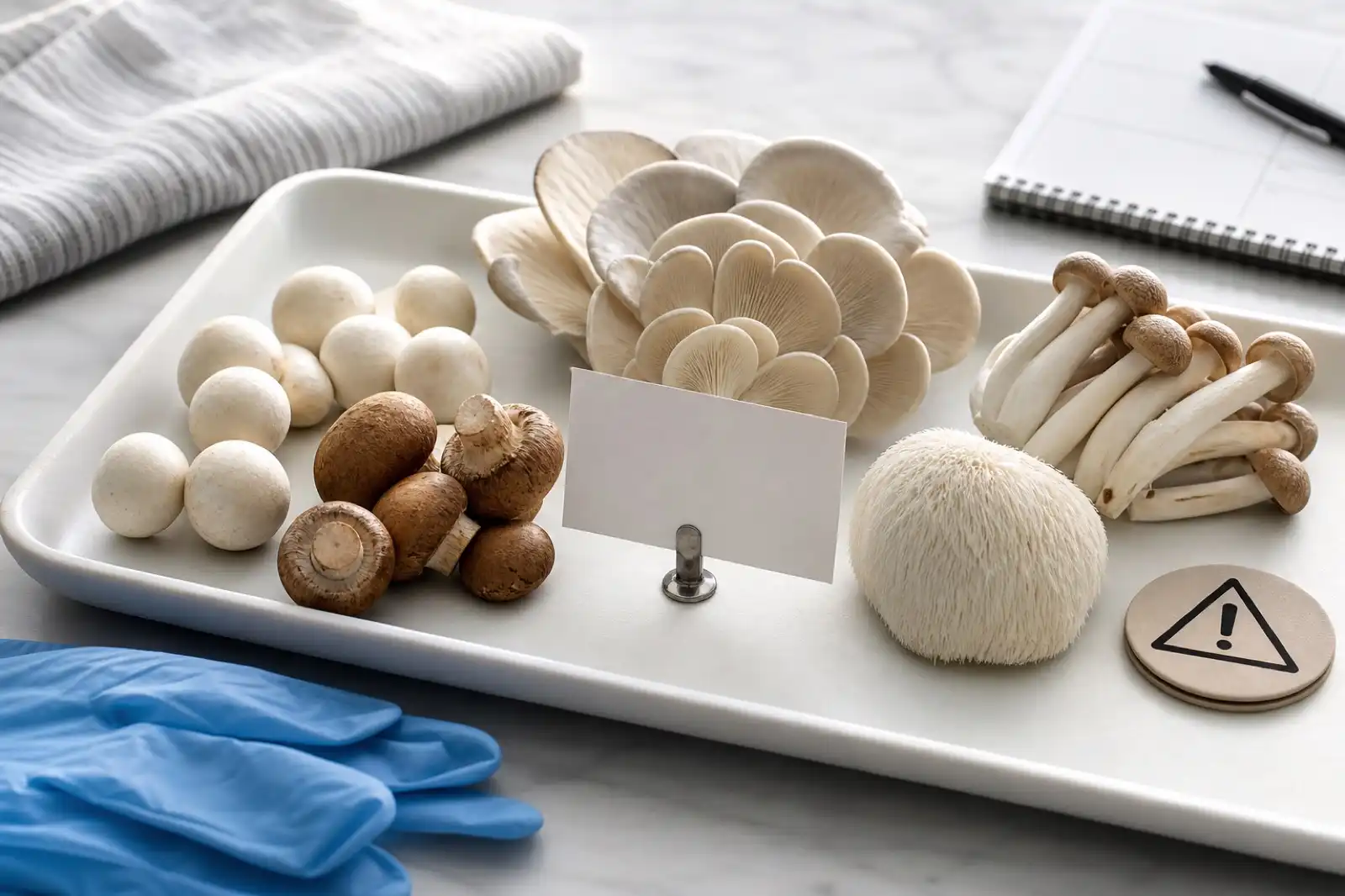 Cultivated mushroom samples on a clinical evaluation tray with gloves and caution symbol
