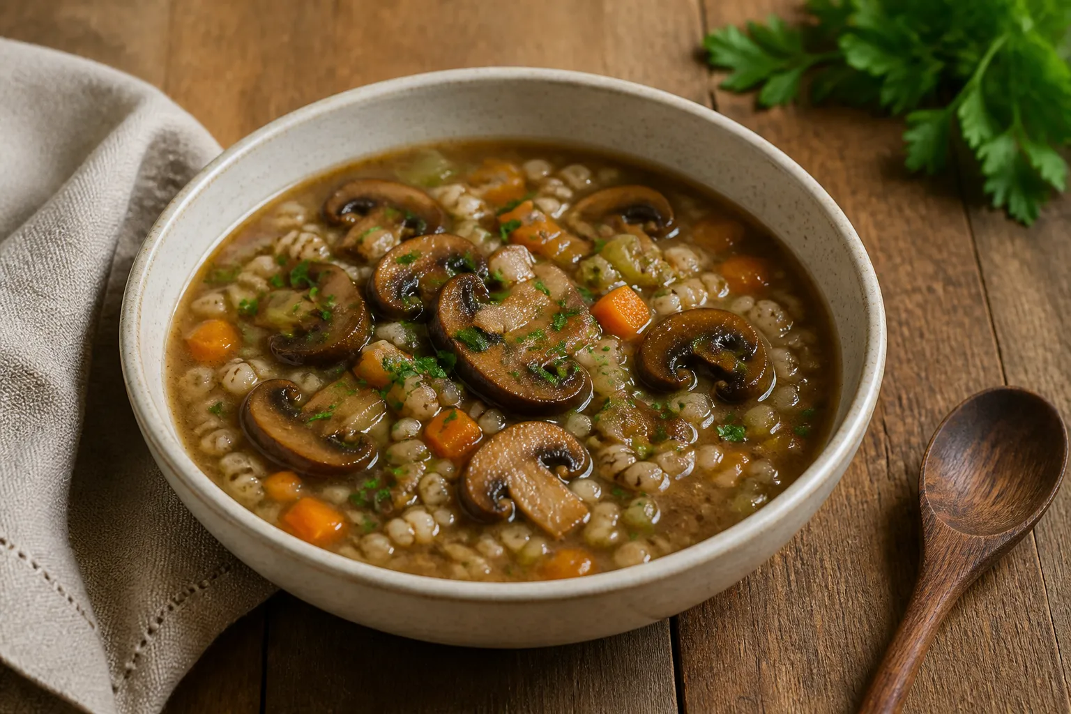 Bowl of mushroom barley soup with sliced brown mushrooms, pearl barley, carrots, celery, and parsley