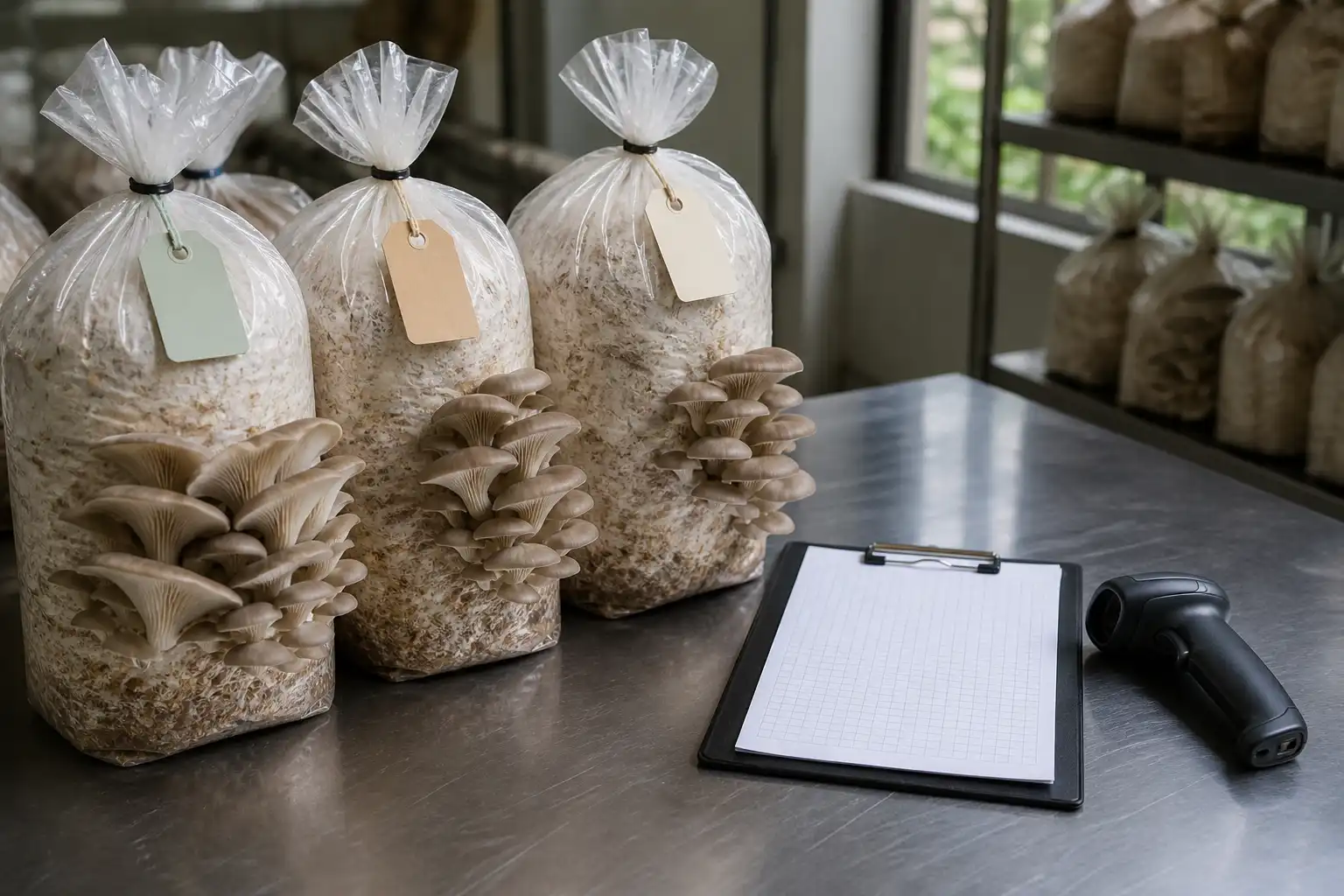 Original editorial image of labeled oyster mushroom production bags beside a blank batch record and scanner