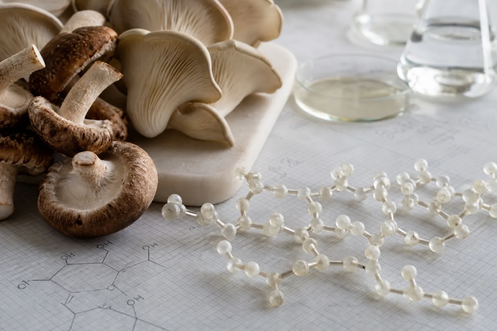 Cultivated mushrooms beside a neutral molecular model representing beta-glucans
